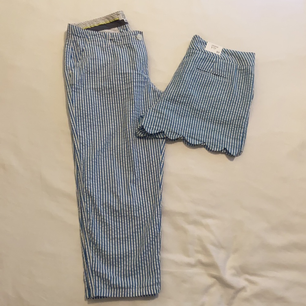 Blue & white striped pants And shorts, set to go from warm days to cool nights.